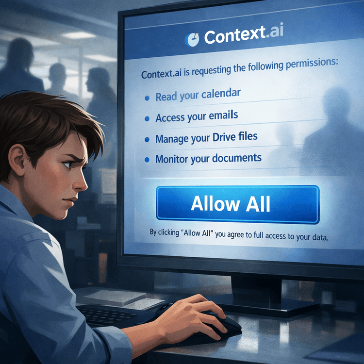 Digital consent screen with concerned office worker and unseen threats
