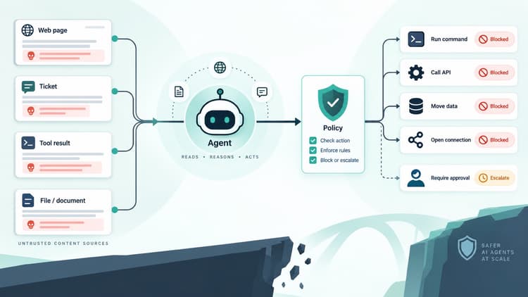 Untrusted web pages, tickets, tool results and files feed an agent; a policy checkpoint blocks the risky actions it tries to take