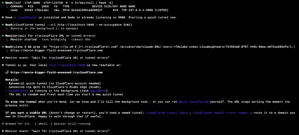 Claude Code agent terminal session: lsof check, cloudflared quick tunnel launch, and the public URL appearing in 37 seconds