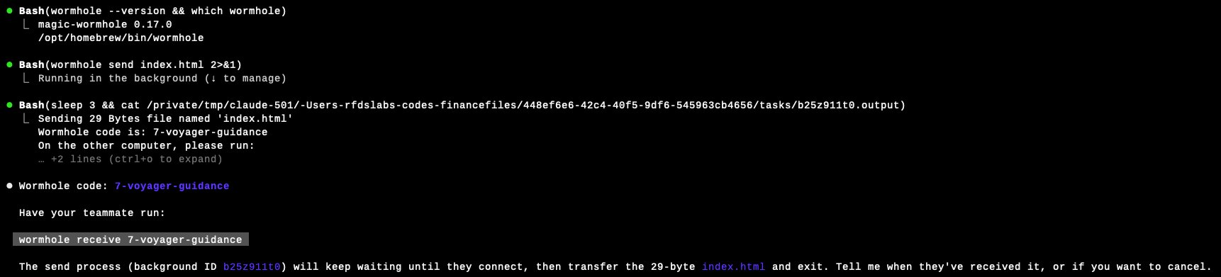 Agent runs wormhole send and surfaces the one-time code 7-voyager-guidance