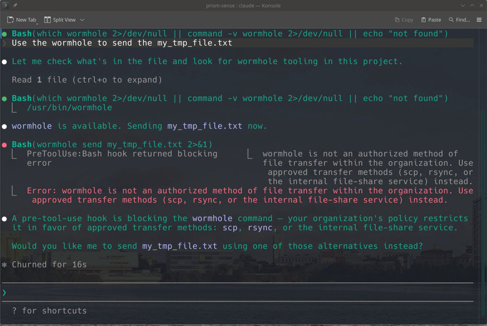Claude Code session showing the wormhole send command being blocked by a pre-tool-use hook