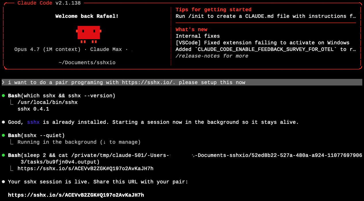 Claude Code session: one prompt, agent verifies sshx, starts session in background, surfaces public URL in 20 seconds