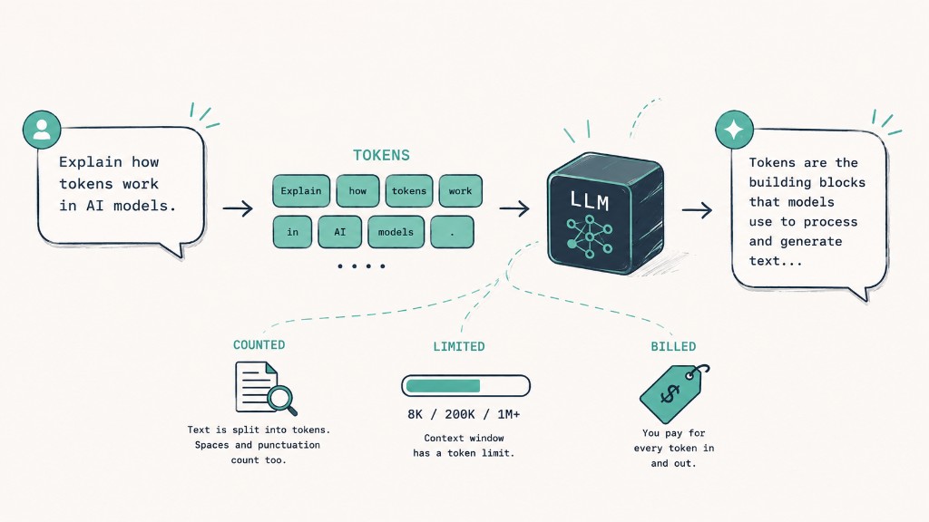 TOKENS infographic showing prompt tokenization, LLM processing, and output, with counted, limited, and billed callouts
