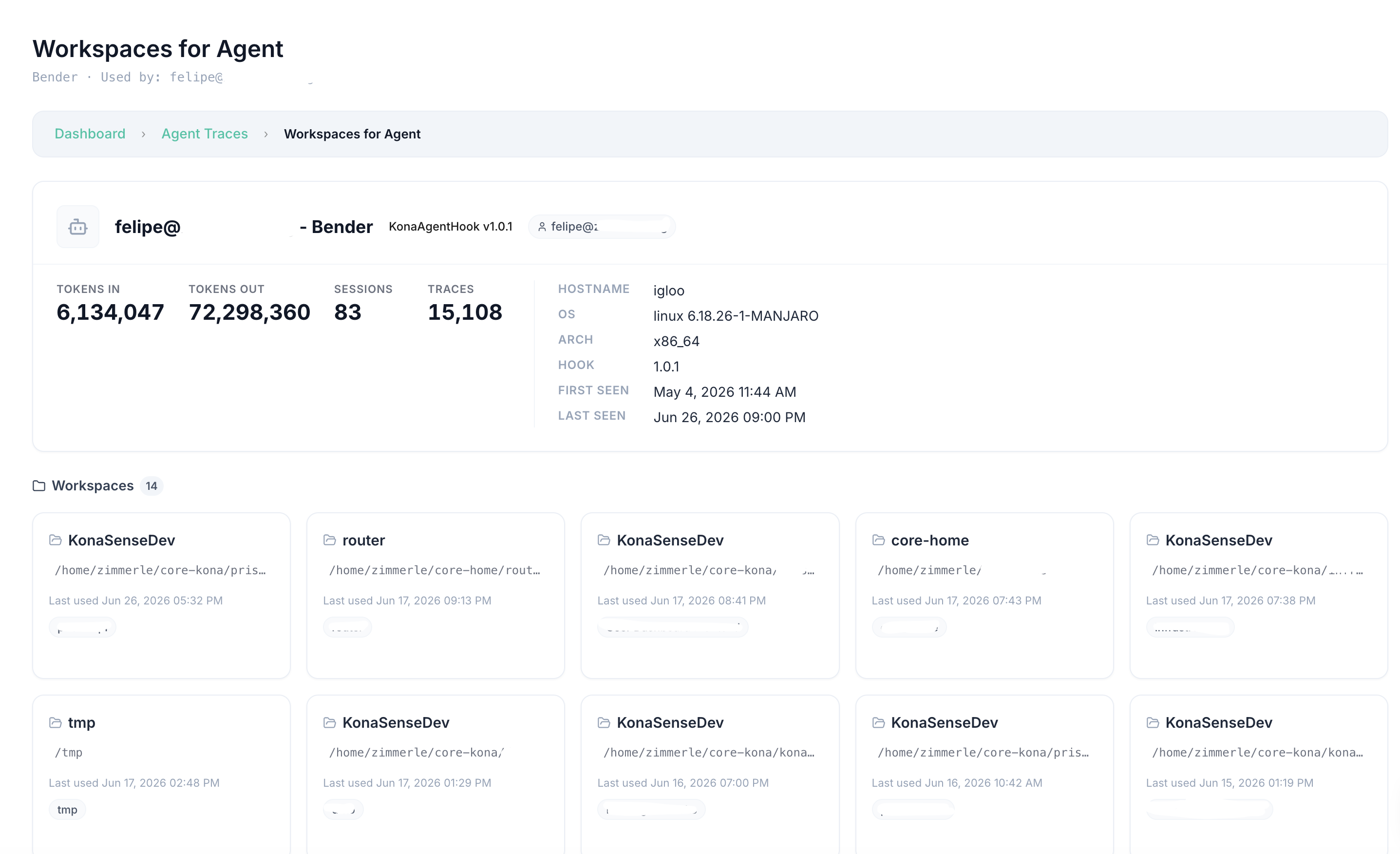 Workspaces for Agent view showing token totals, session count, trace count, and host fingerprint