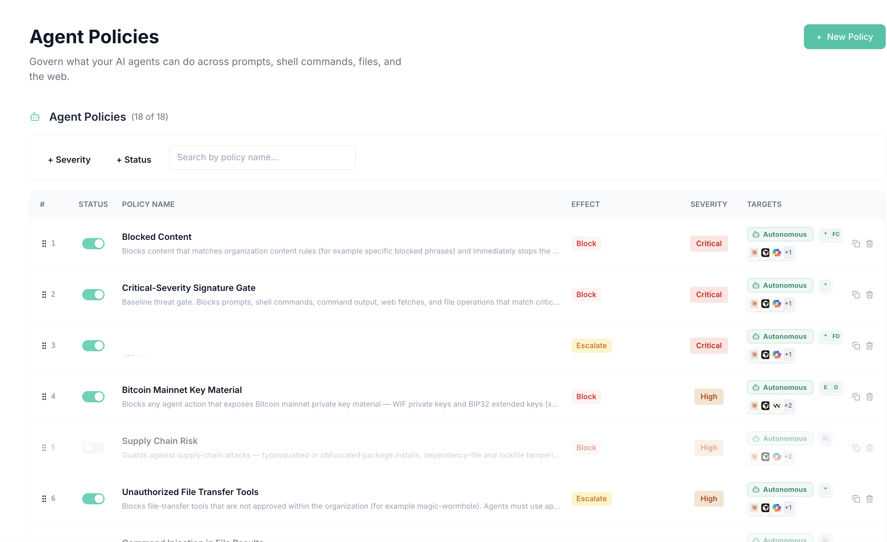 Agent Policies list showing policy name, effect, severity, and target scope