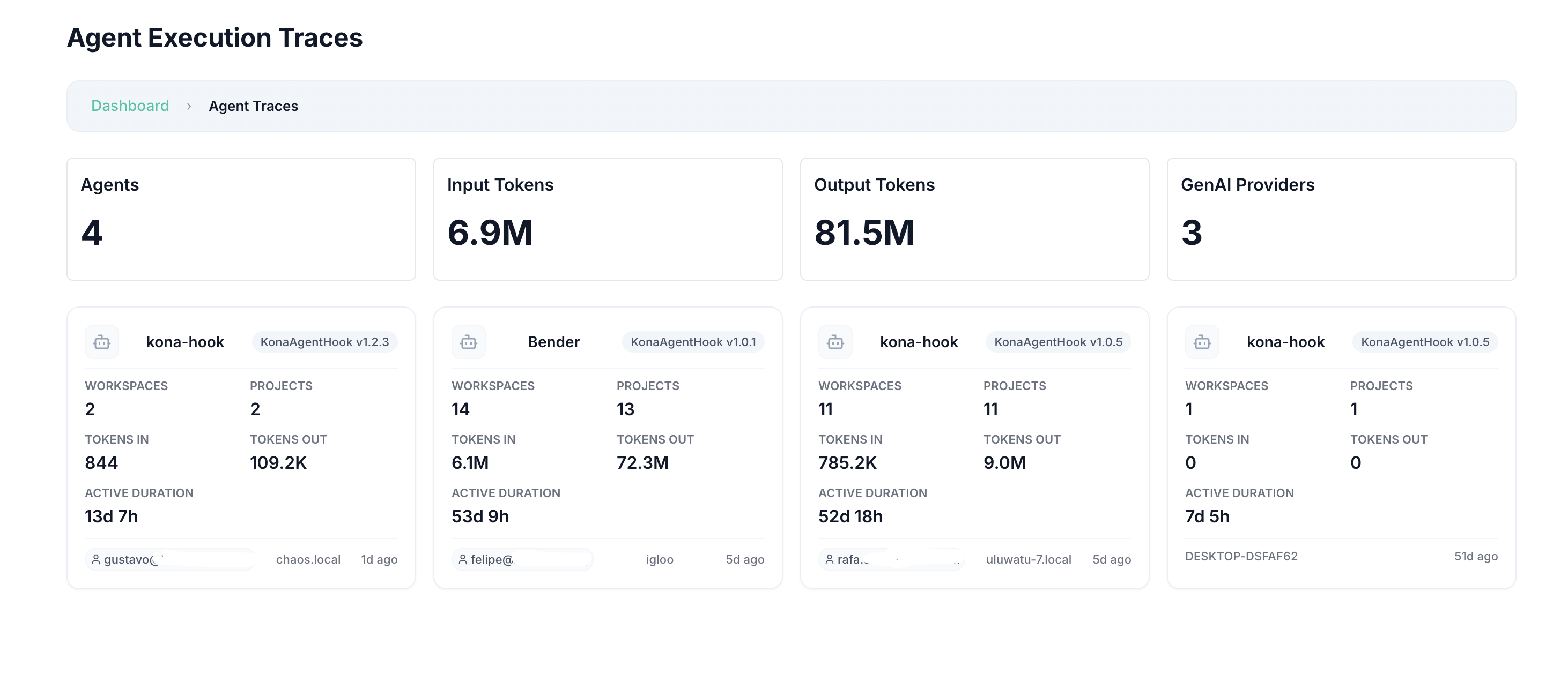 Agent Execution Traces dashboard showing agent count, input and output tokens, and GenAI provider count