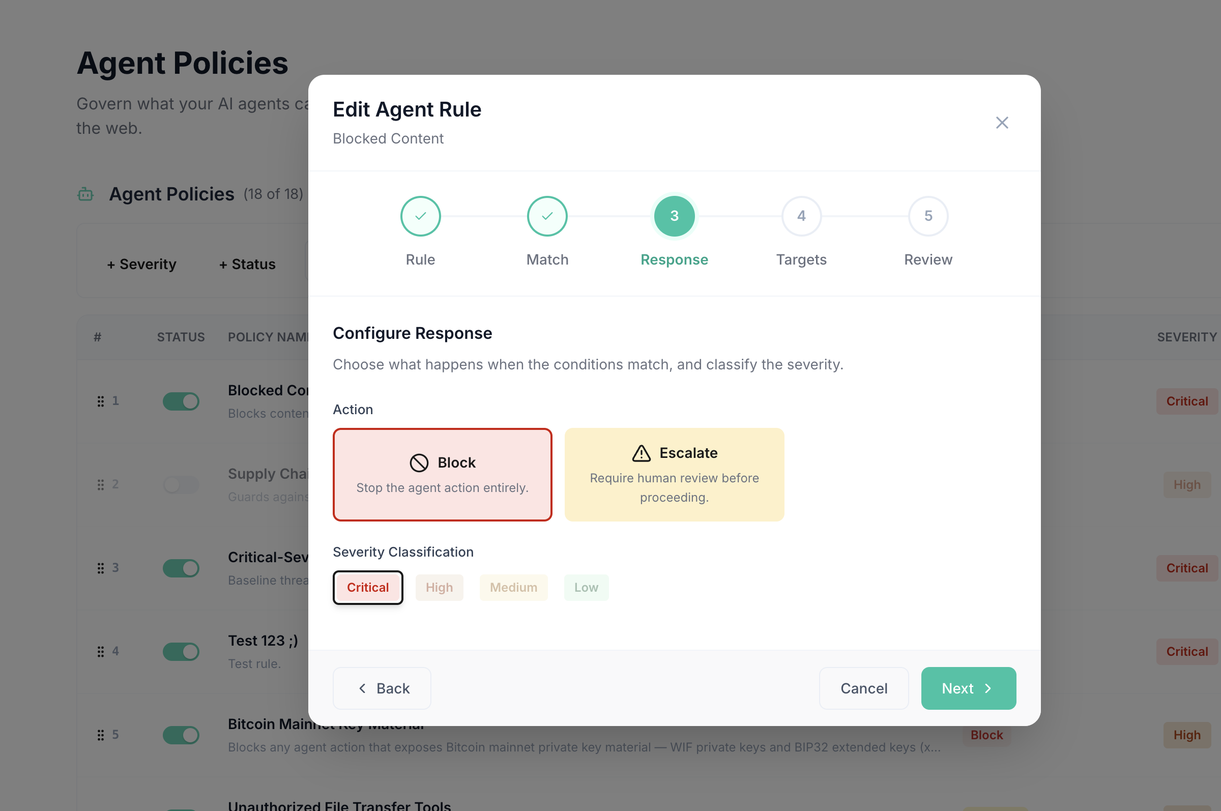 Edit Agent Rule modal showing the Response step: Block or Escalate action, with severity classification