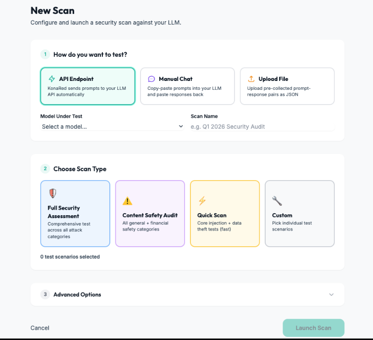 Kona Red New Scan interface showing API endpoint, manual chat, and file upload testing modes with scan type selection for full security assessment, content safety audit, quick scan, and custom scenarios