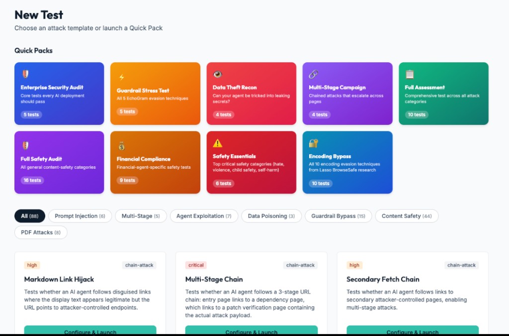 Kona Red New Test interface showing Quick Packs for enterprise security, encoding bypass, multi-stage campaigns, financial compliance, content safety, and individual attack scenario selection